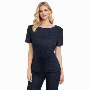 Halmode Petites Women’s Top Size 12P Navy Blue Short Sleeve Shimmer Button Back